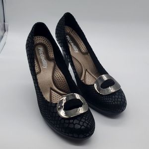 Piccadilly snakeskin heels, black, 7.5